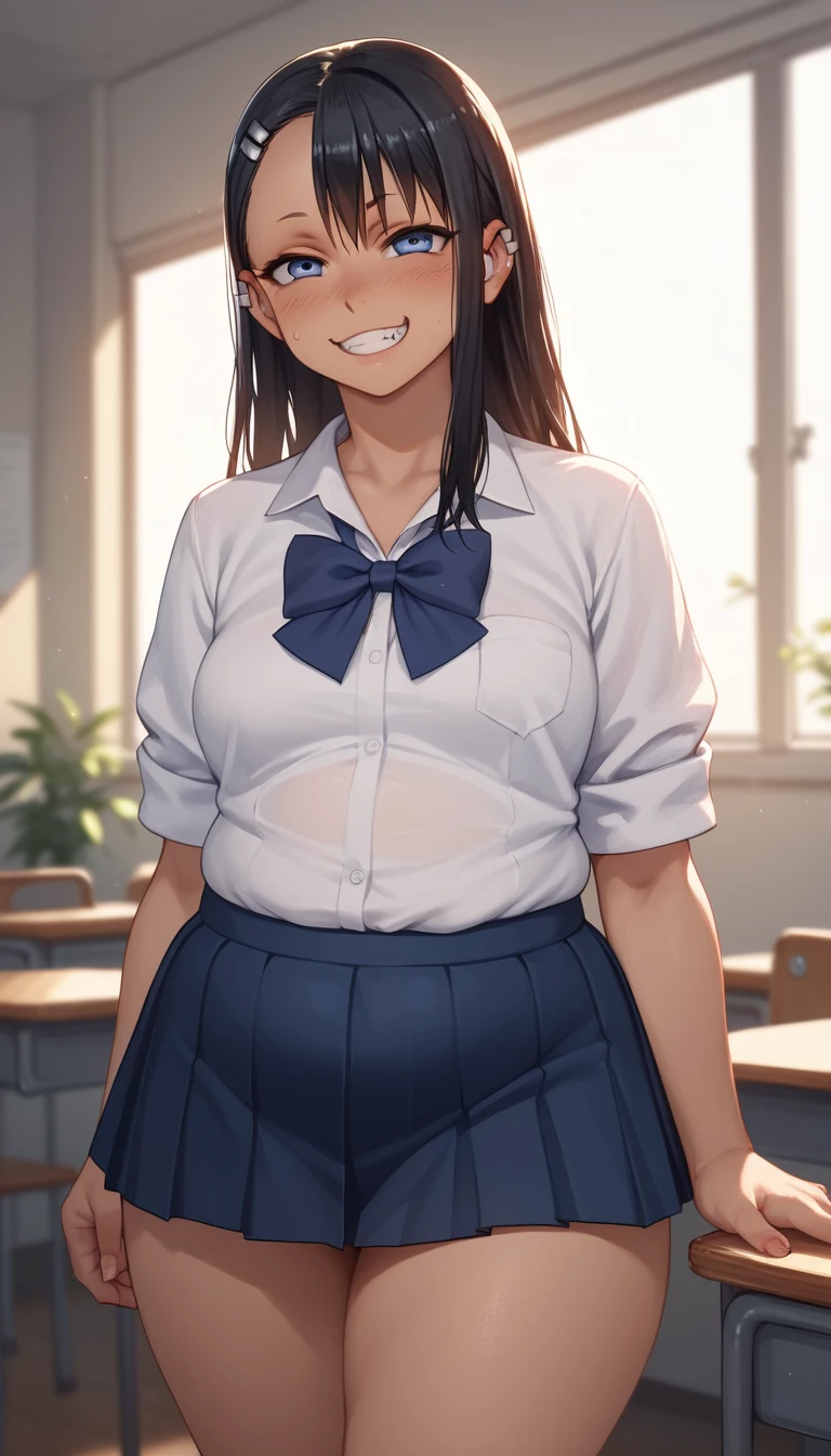 Close up anime girl with blue eyes and school uniform