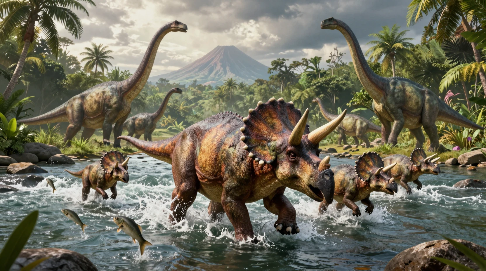 Triceratops Family Crossing A Raging Jungle River