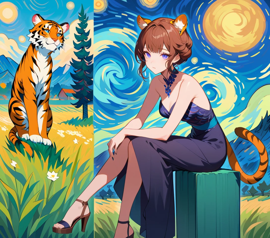 Elegant woman with tiger features in asymmetric midi dress