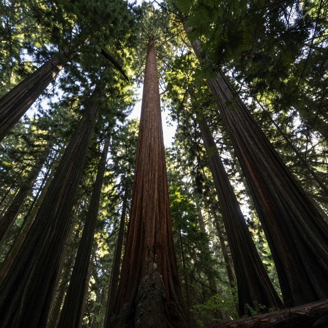 Towering redwood forest trees viewed from the forest floor