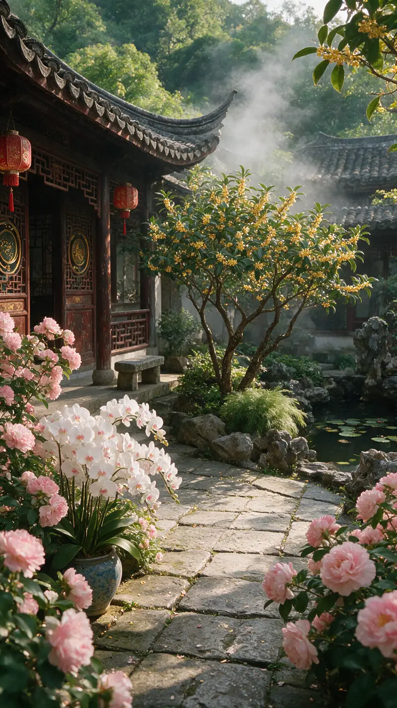 Cotton roses in a tranquil ancient Chinese garden courtyard