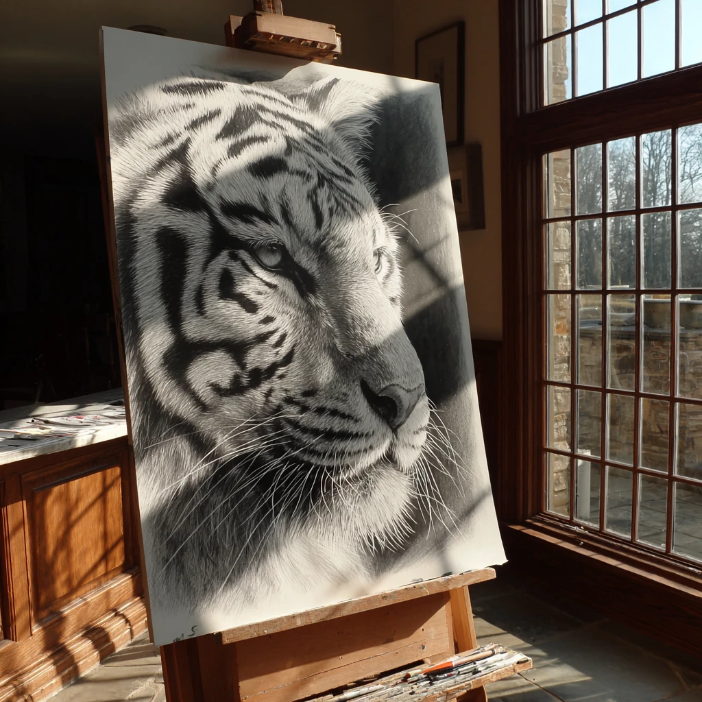 Close up pencil drawing of a white tiger on an easel