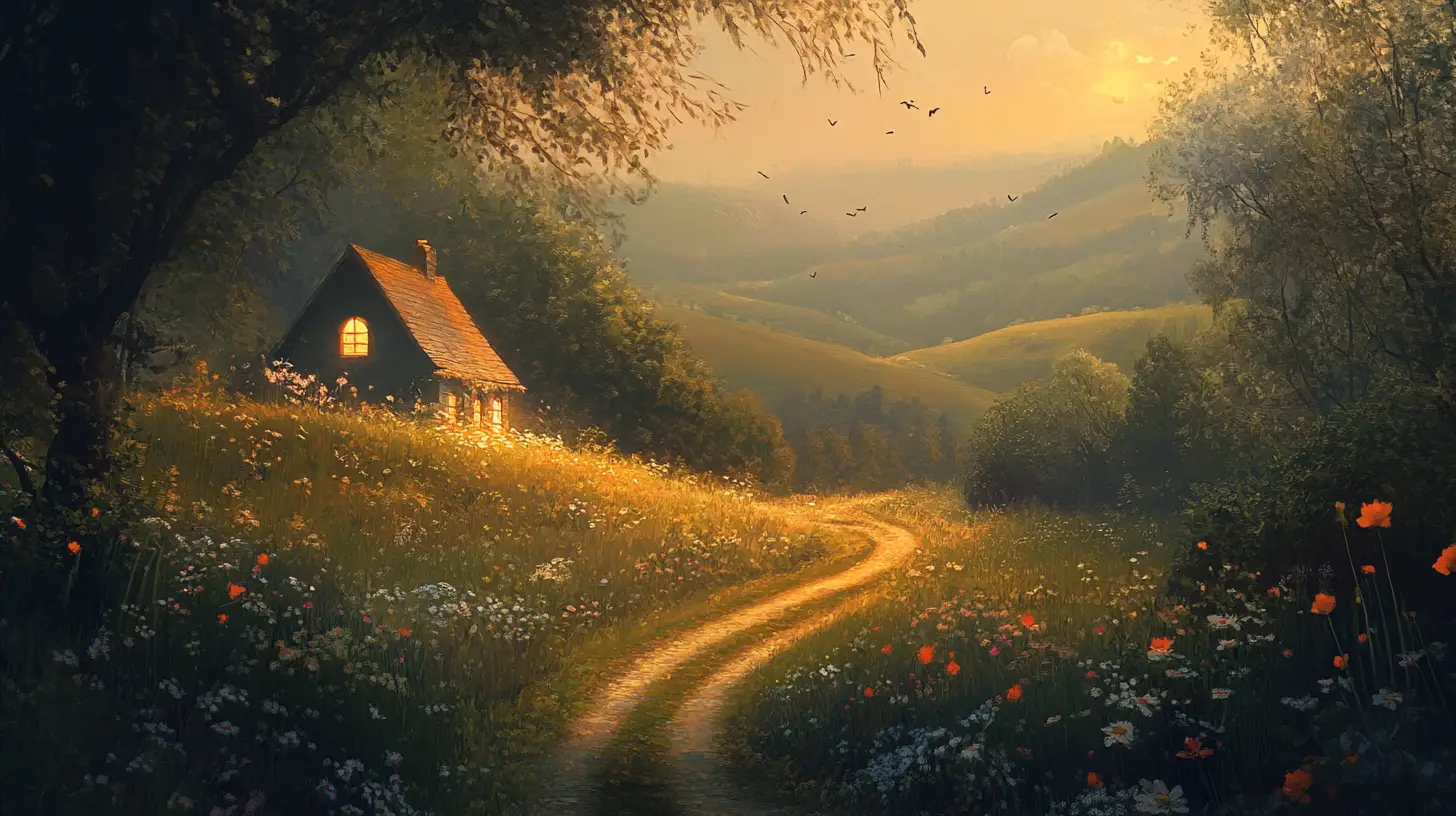 Winding Country Road To A Cottage At Twilight