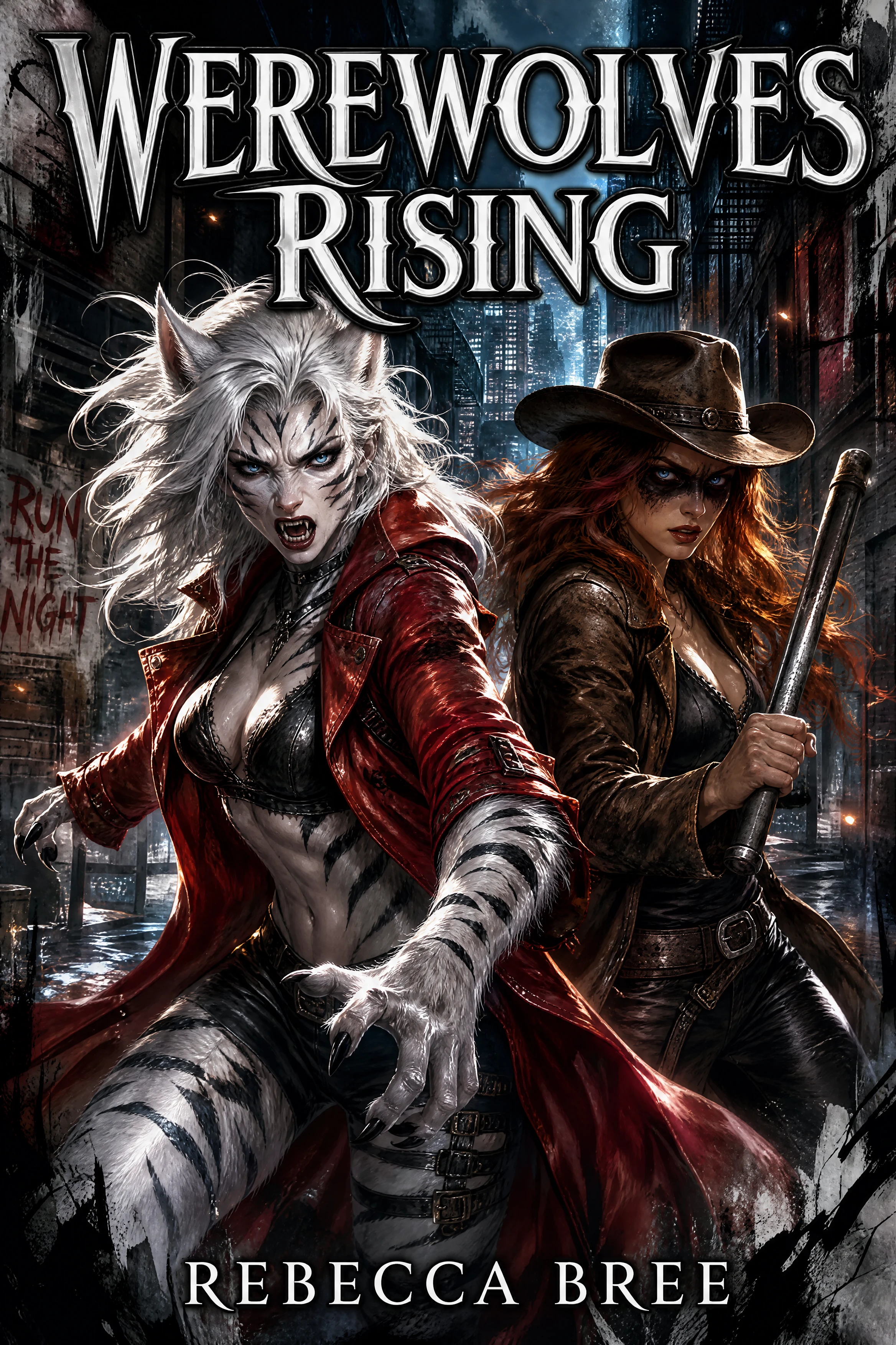Werewolf heroine and cowgirl ally fighting in urban alley