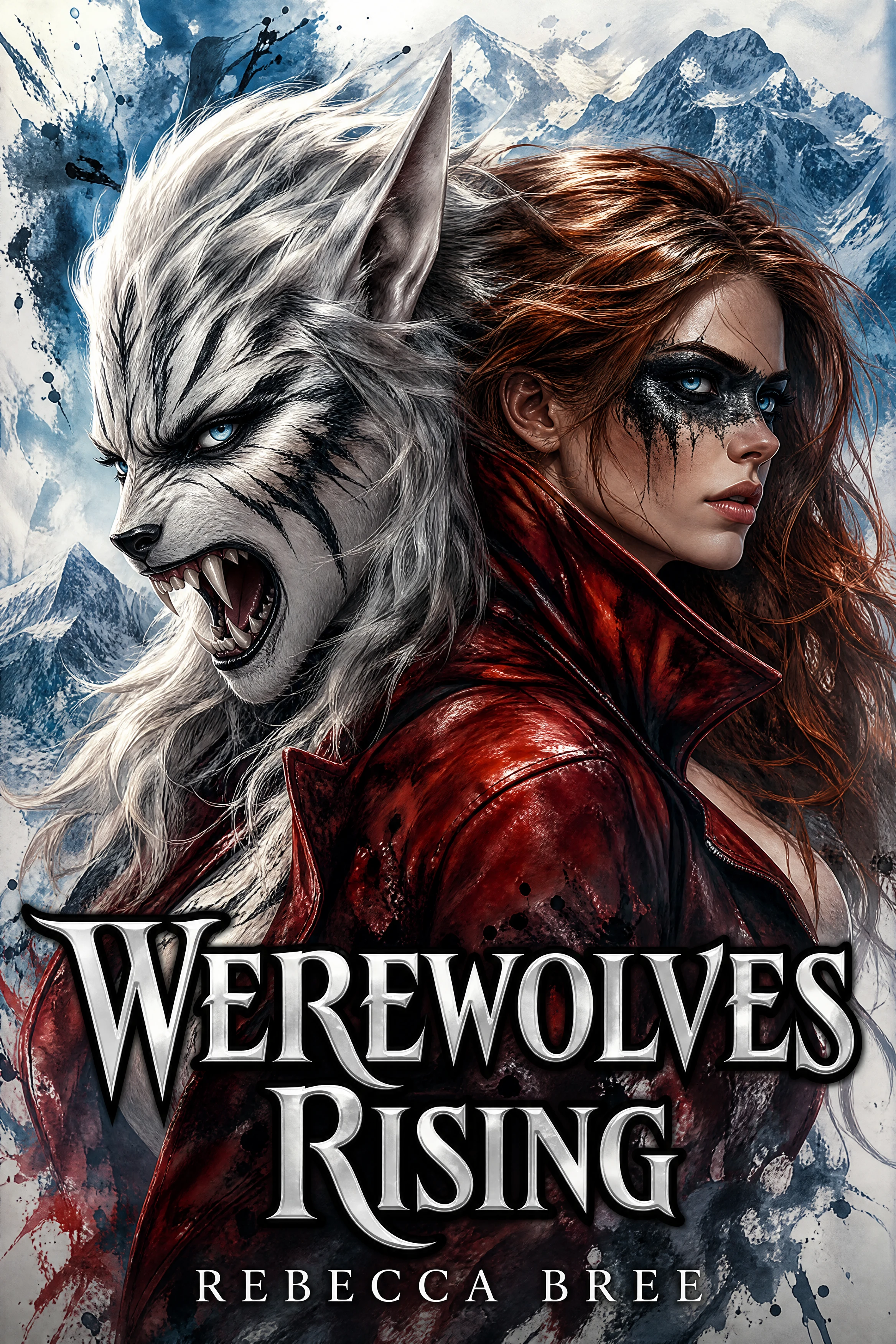 Dual portrait of a fierce white werewolf woman and human