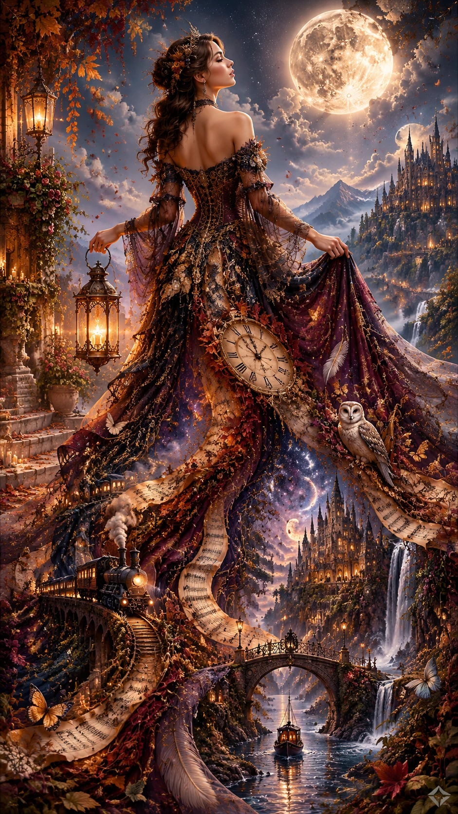 Celestial woman in a gown woven from galaxies and time