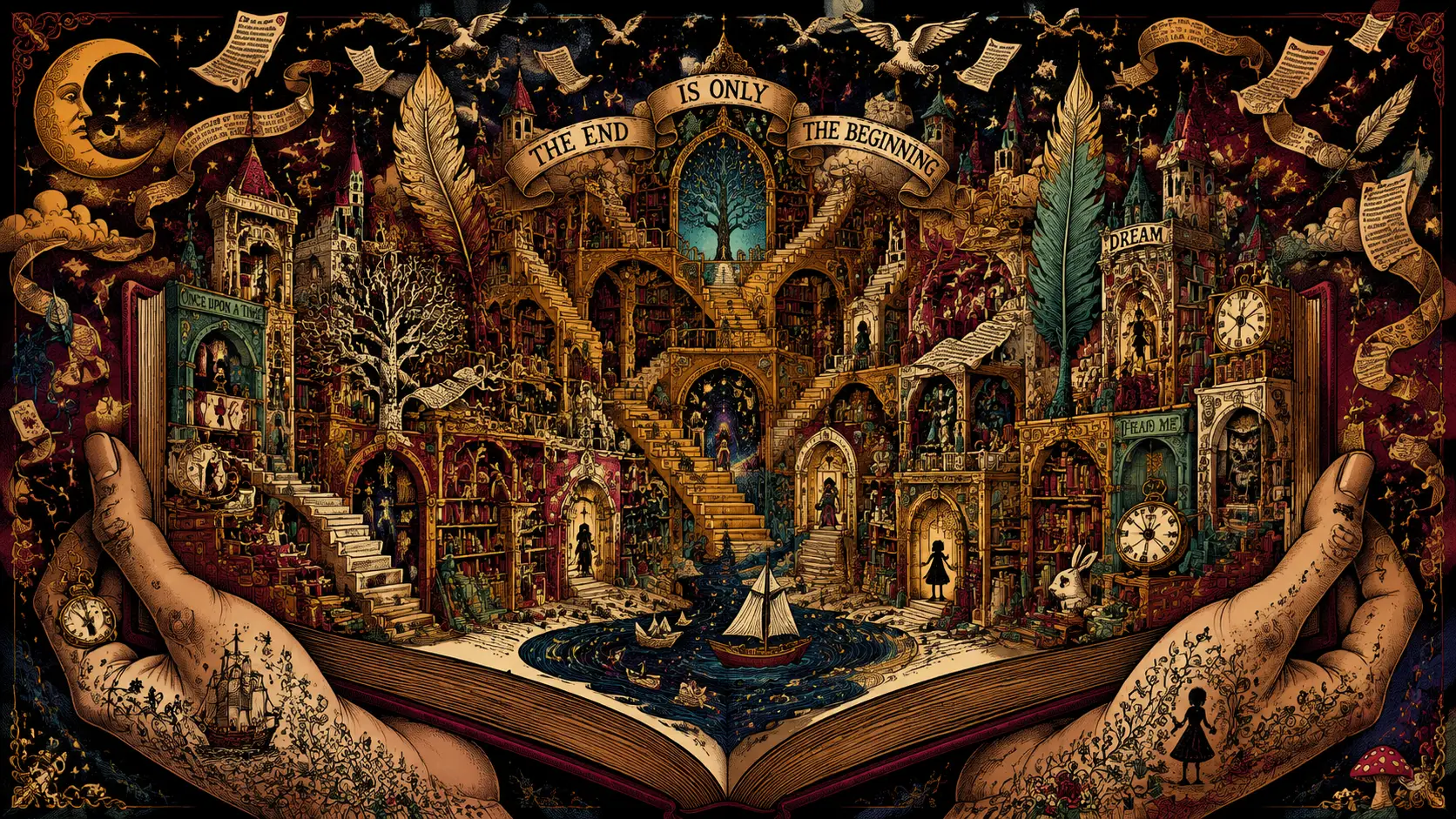 Surreal cathedral library of floating pages and ink rivers