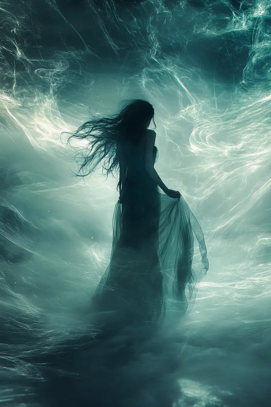Mystical Woman In Flowing Gown Surrounded By Ethereal Mist