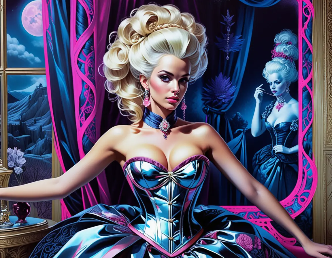 Baroque fantasy courtesan in corset within lavish boudoir