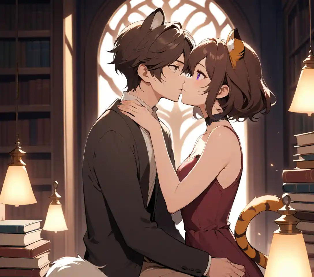 Bacio romantico tra studenti in una calda biblioteca scolastica