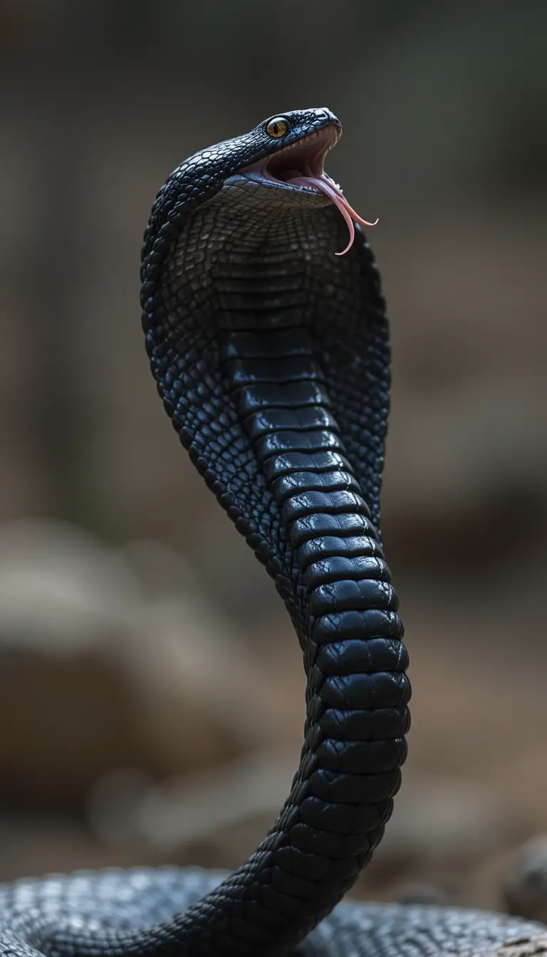 Cobra noir dressé, langue sifflante