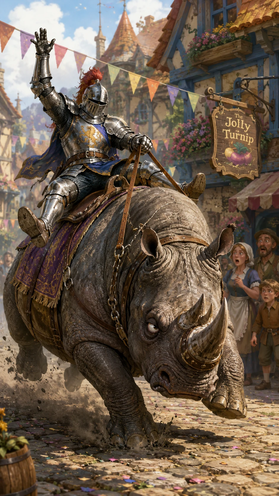 Knight Riding A Grumpy Rhinoceros Through Fairy Tale Village