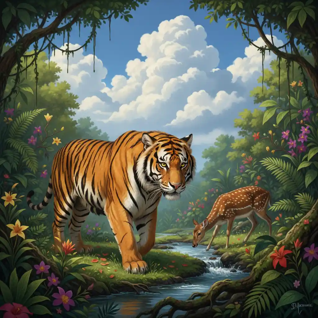 Majestic tiger stalking prey in a vibrant jungle