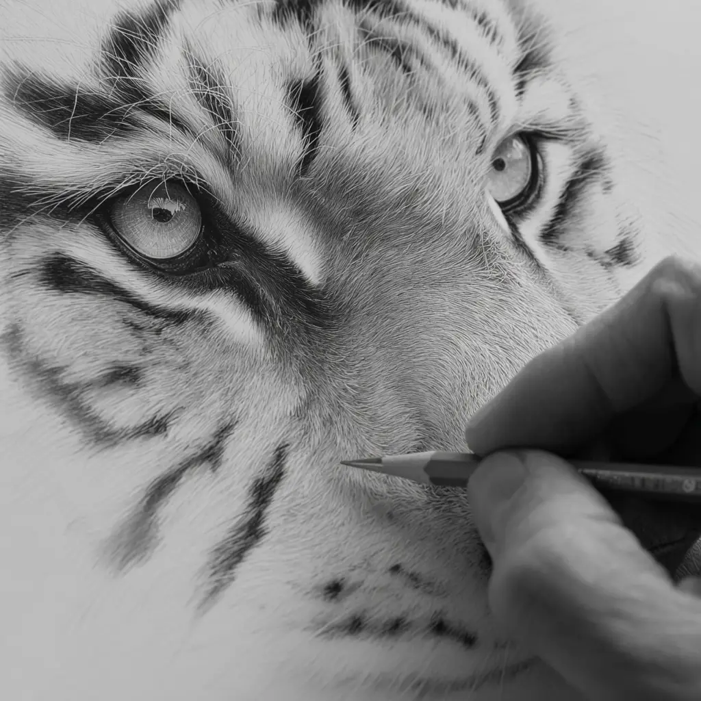 Close up pencil sketch of a white tiger face being drawn