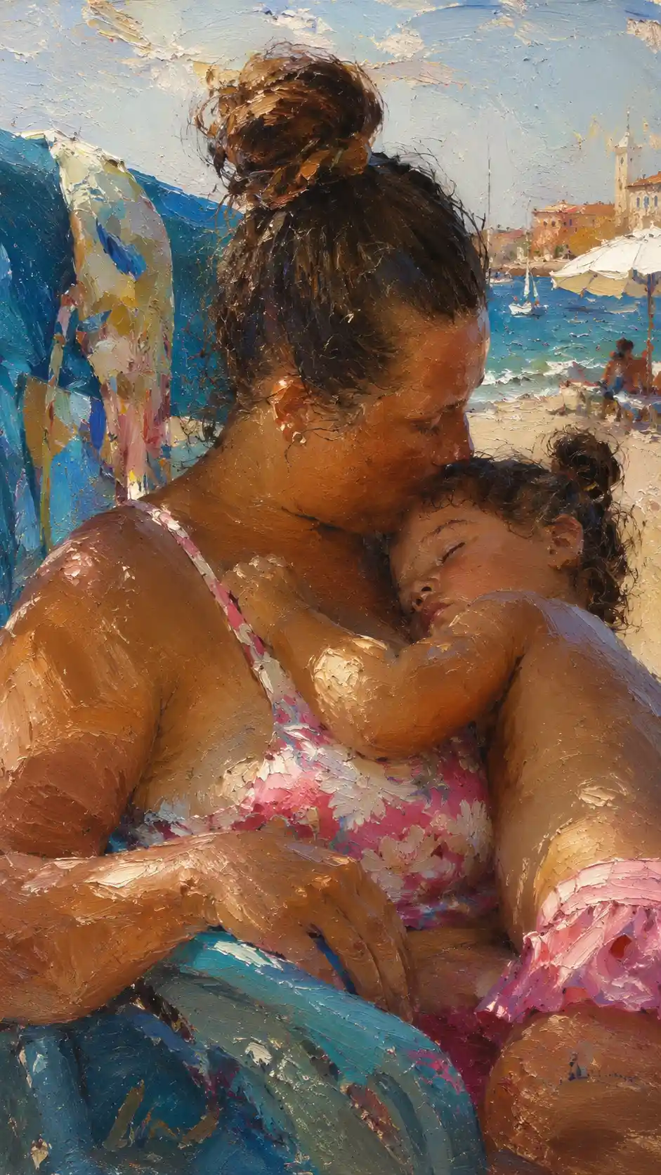 Young woman with sleeping child in sunny Mediterranean street