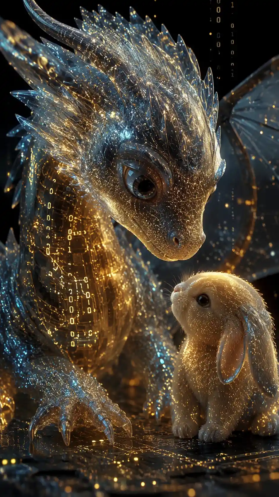 Babydrache aus Datenpartikeln mit Hasenbegleiter