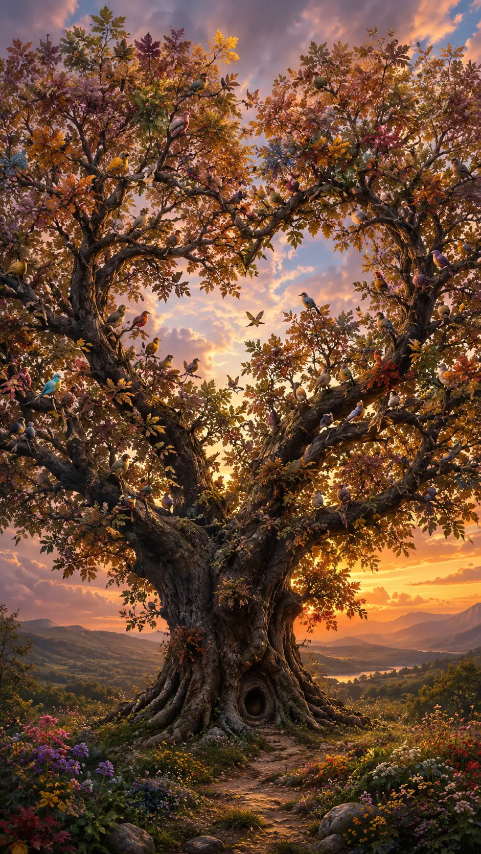 Old oak tree filled with leaves and resting birds