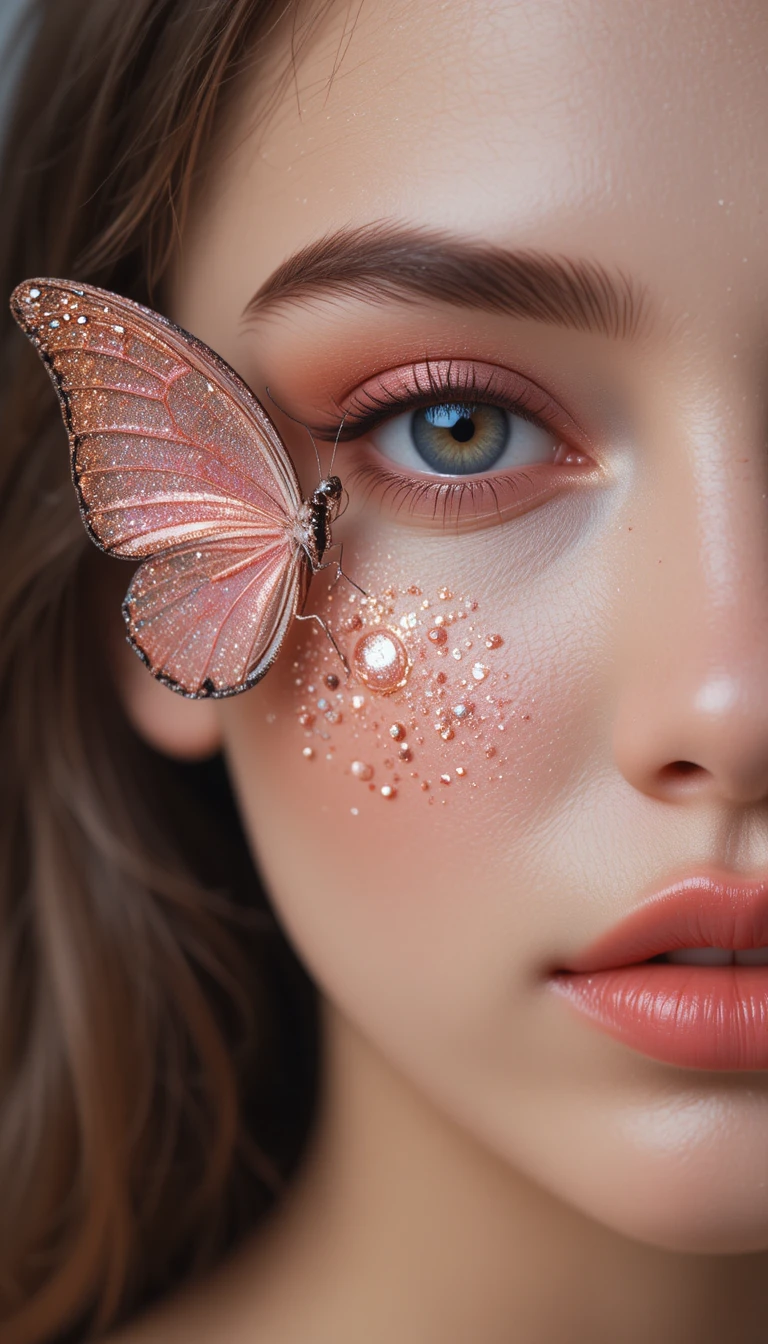 Extreme close up beauty portrait with butterfly and glitter