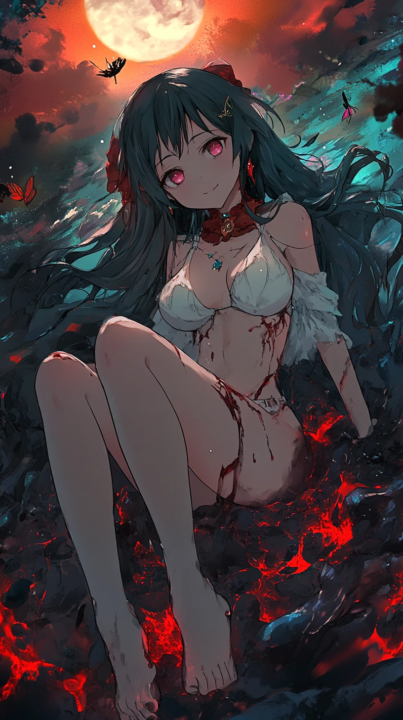 Anime girl relaxing on an inflatable float in a pool
