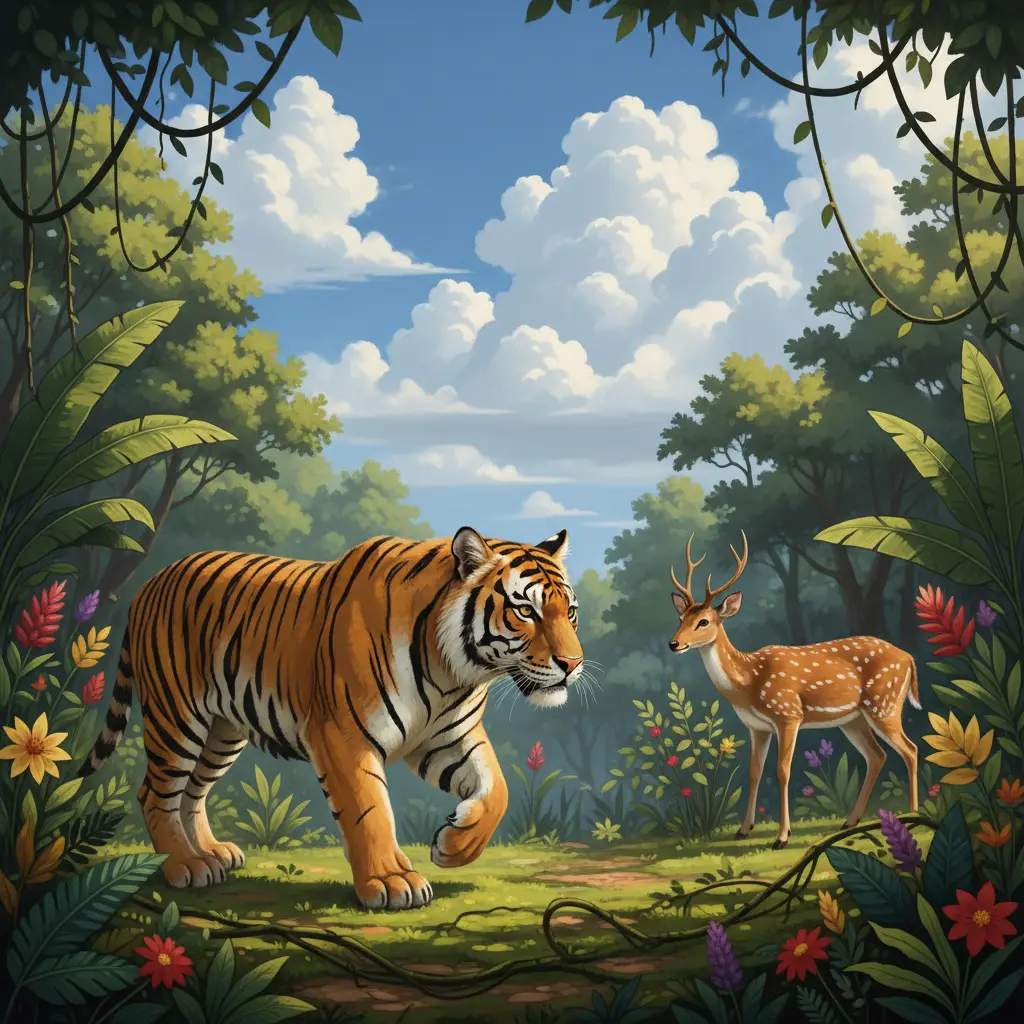 Tiger stalking deer through dense jungle foliage