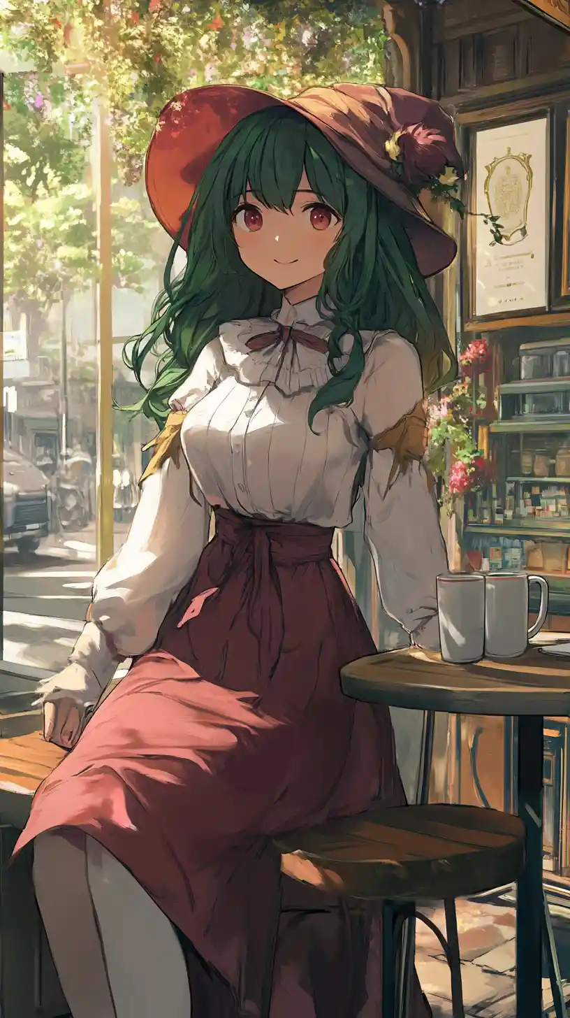Anime girl with green hair in a cozy cafe scene