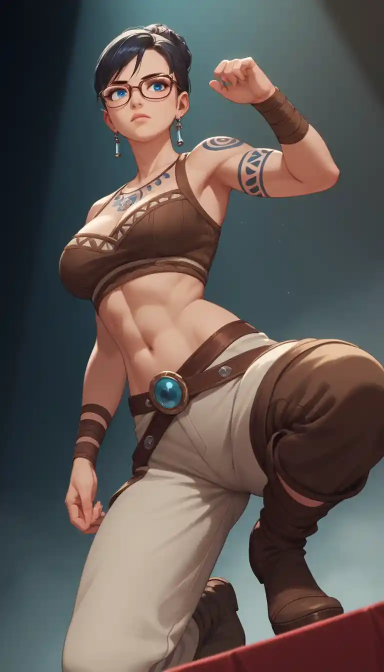 Anime warrior woman posing on a serene ring stage