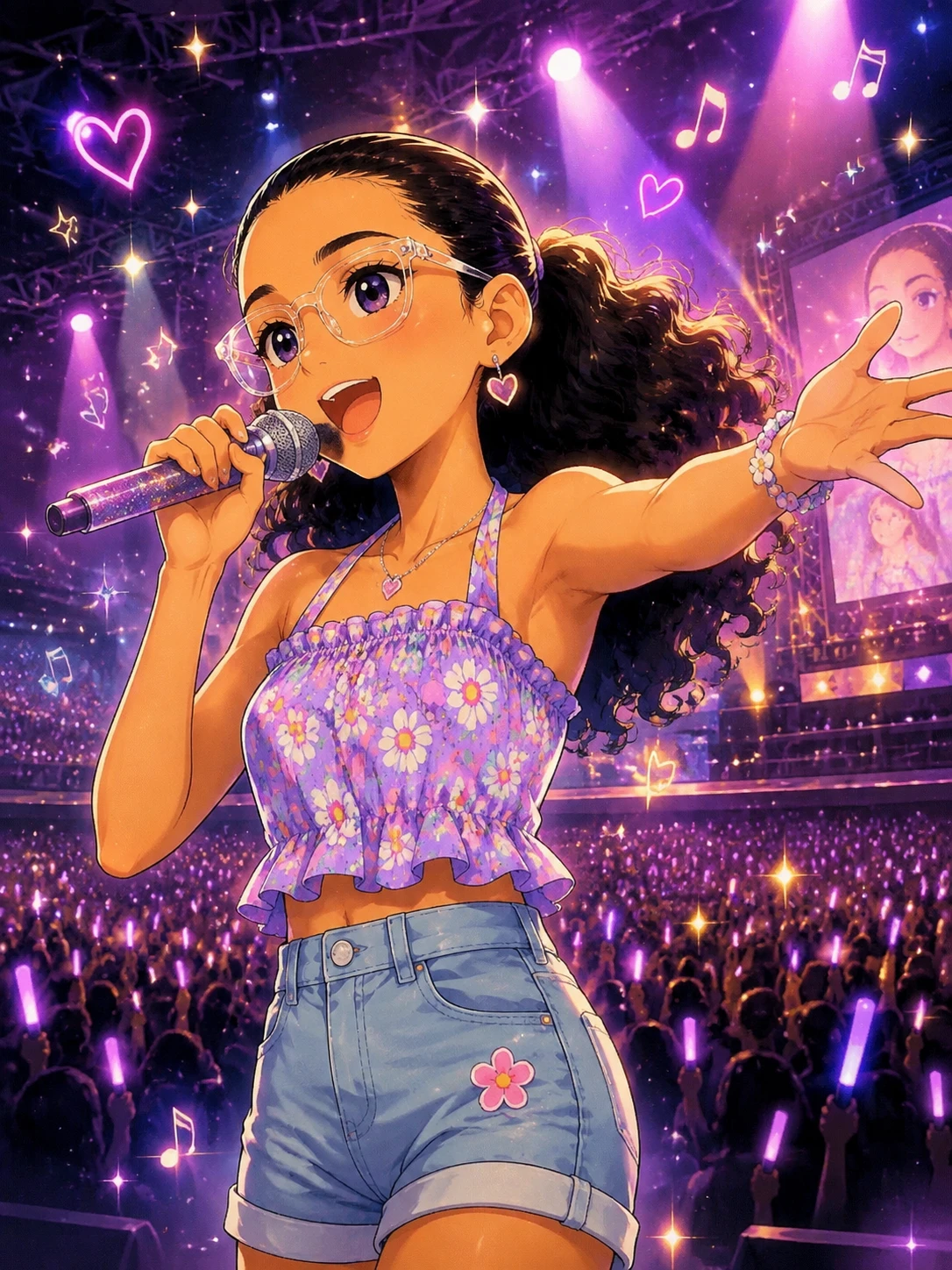 Young girl singing softly then powerfully on concert stage