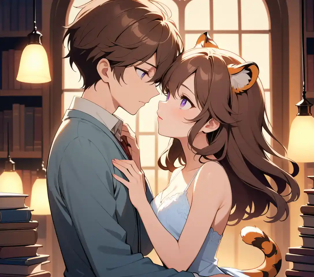 Romantic schoolgirls sharing a tender kiss in library