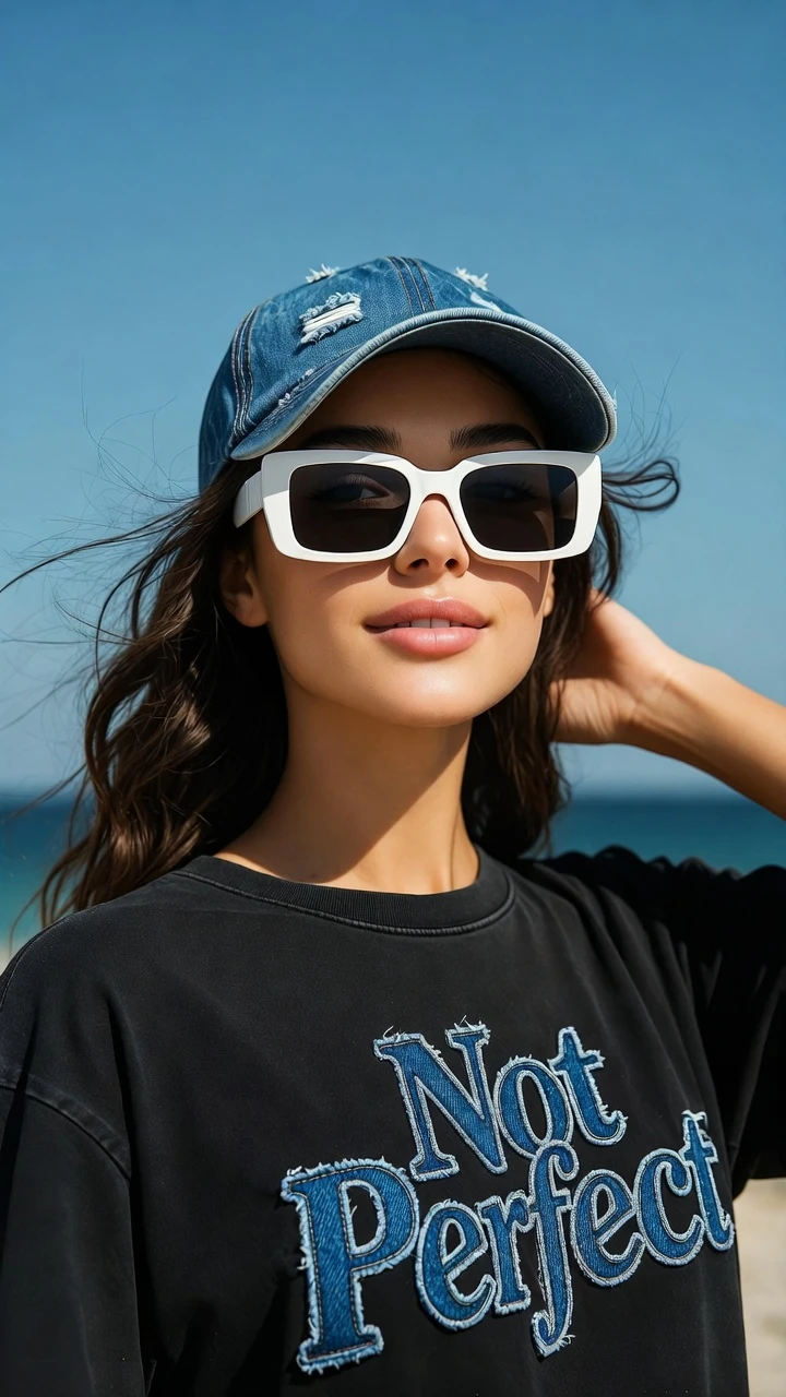 Young woman in sunglasses under a clear blue summer sky