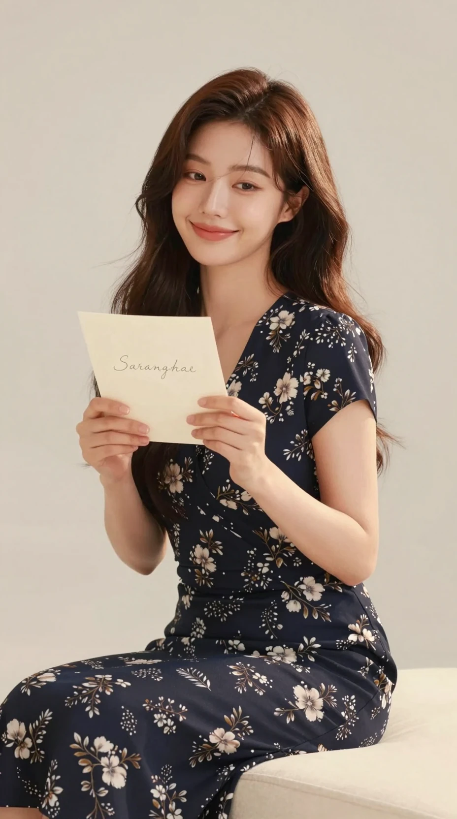 Young woman in a floral dress holding a love letter