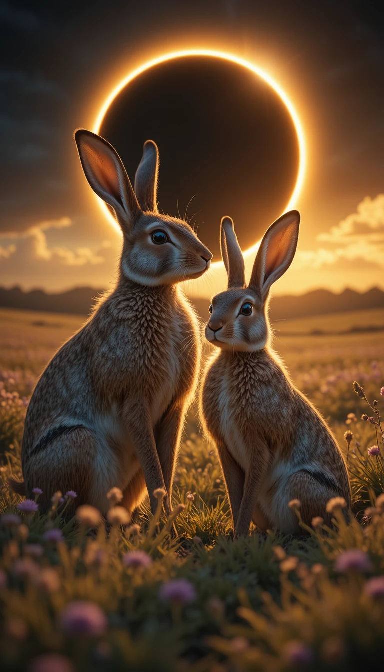 Close up of two European hares under a solar eclipse