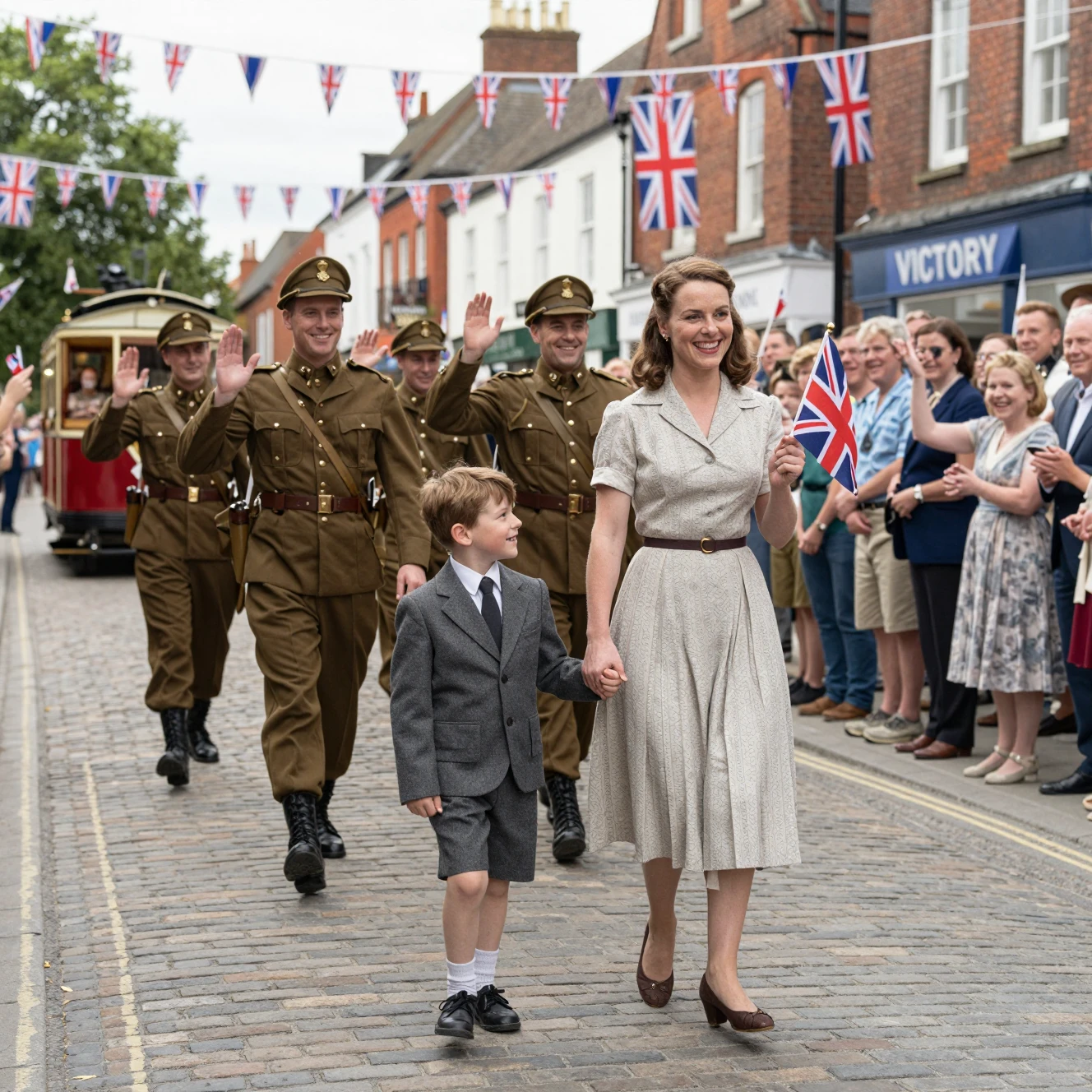 Joyful Woman And Boy Watching Soldiers In City Street
