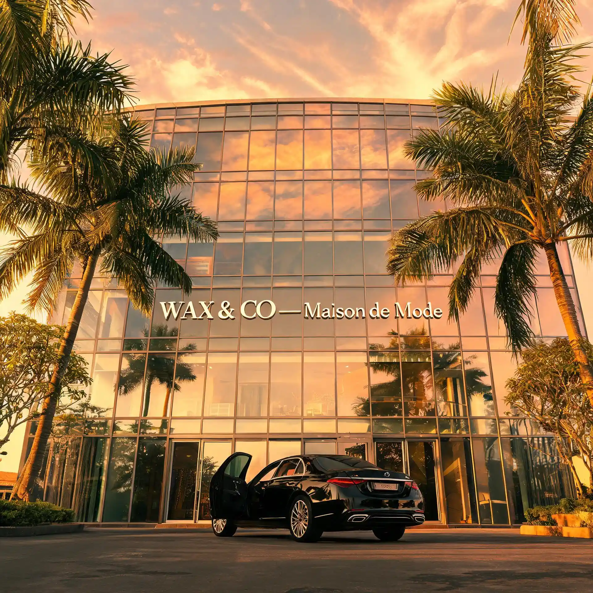 Modern glass office building in Abidjan at golden hour