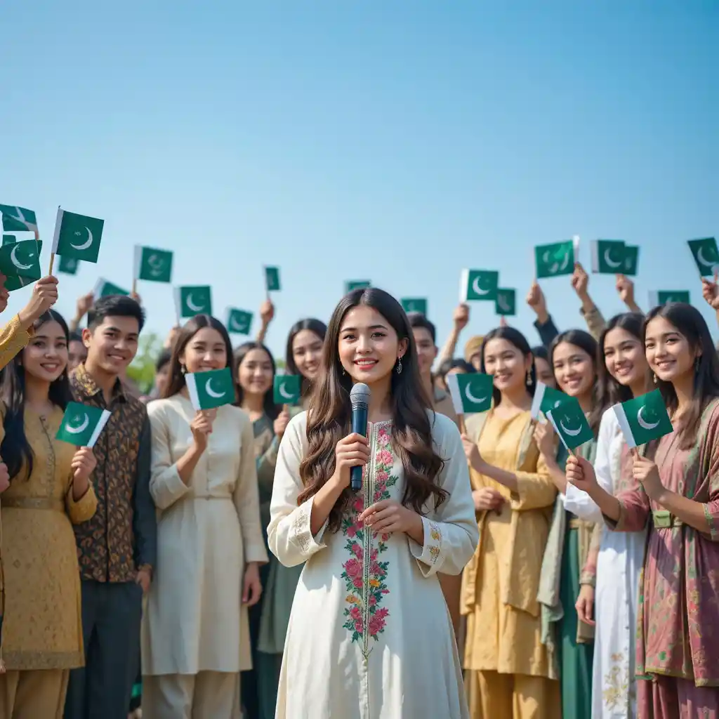 Diverse group in Pakistani dress waving flags outdoors