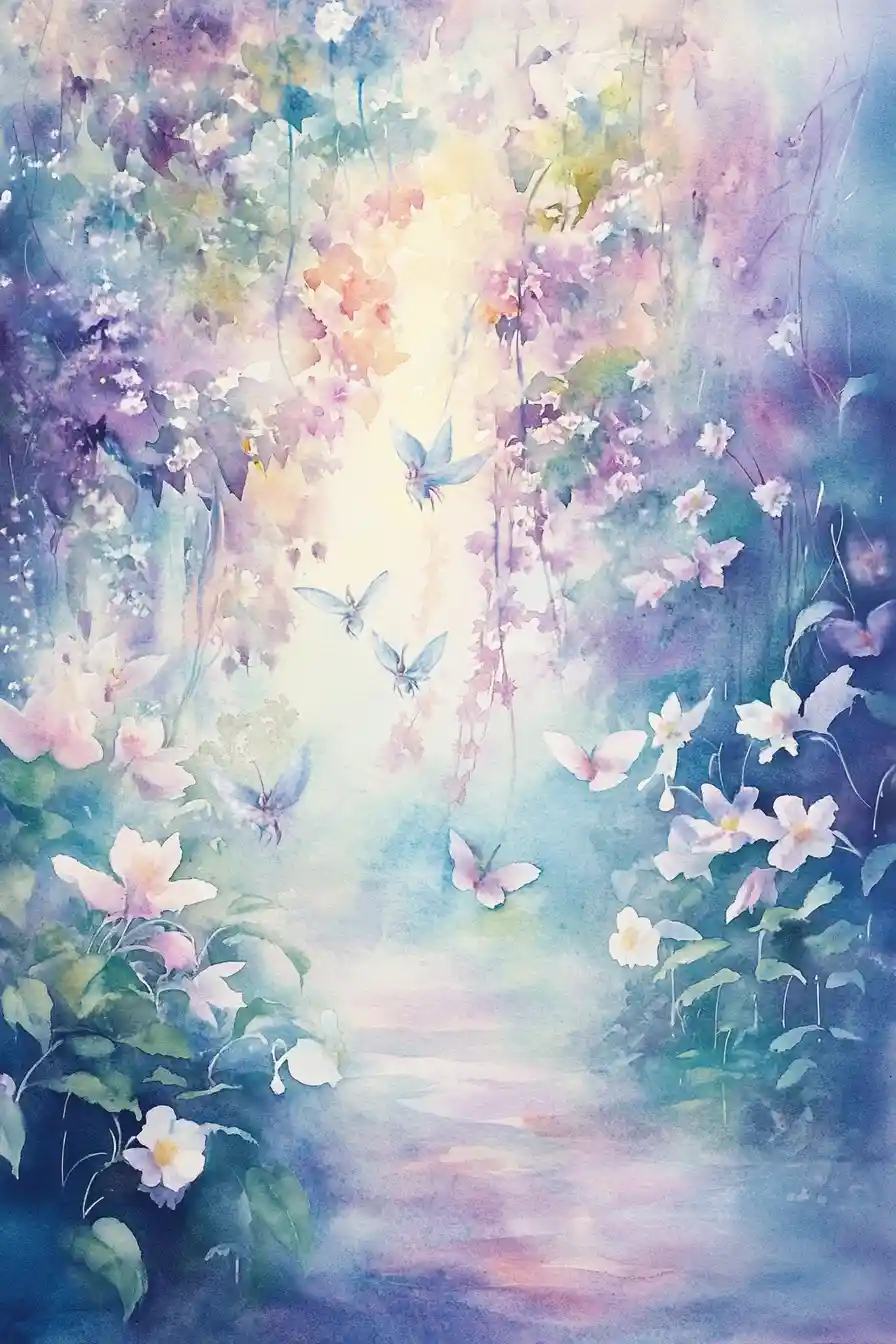 Whimsical Watercolor Fairies In A Mystical Glowing Garden