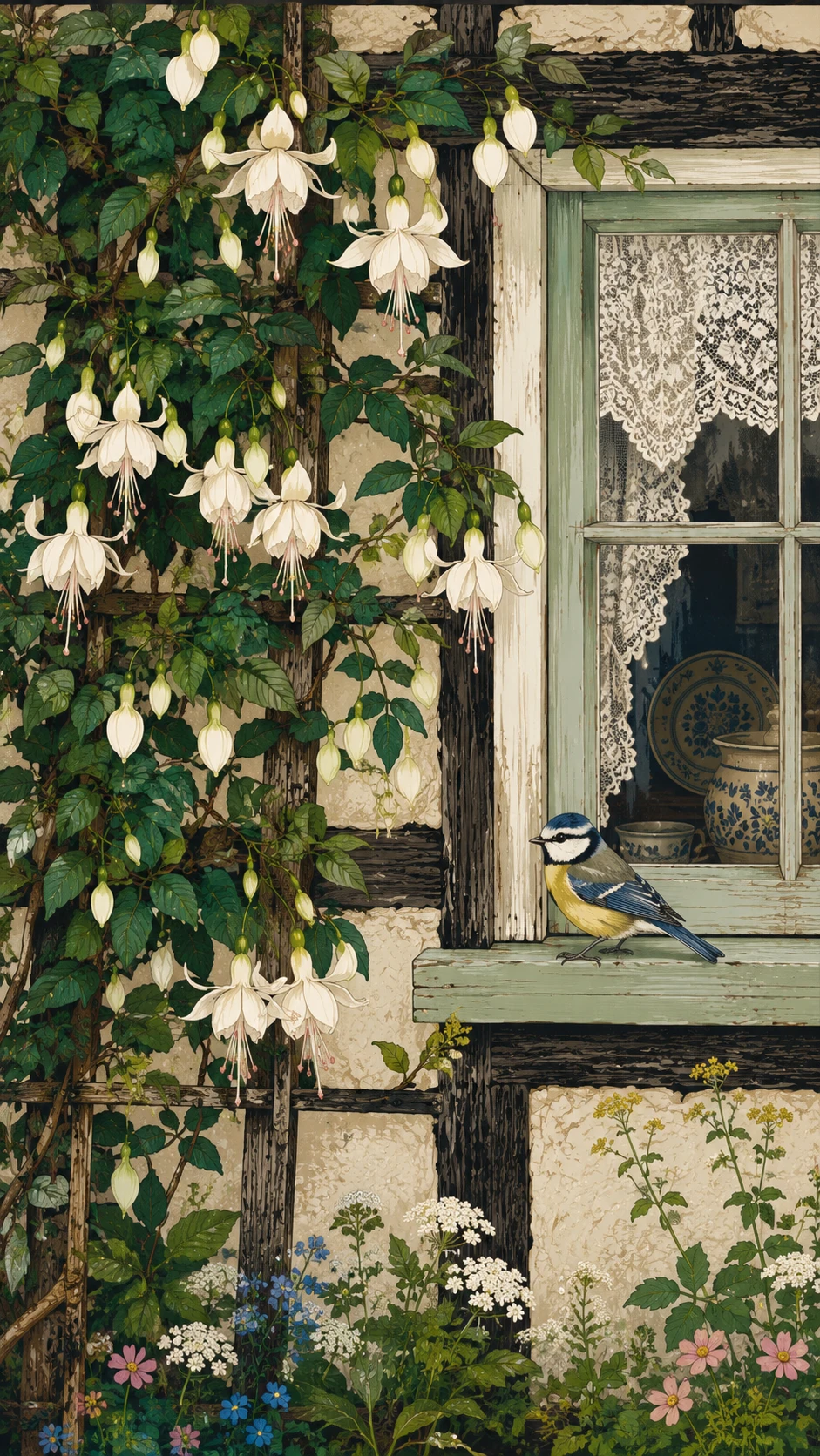 Whimsical farmhouse trellis with white fuchsias and songbird