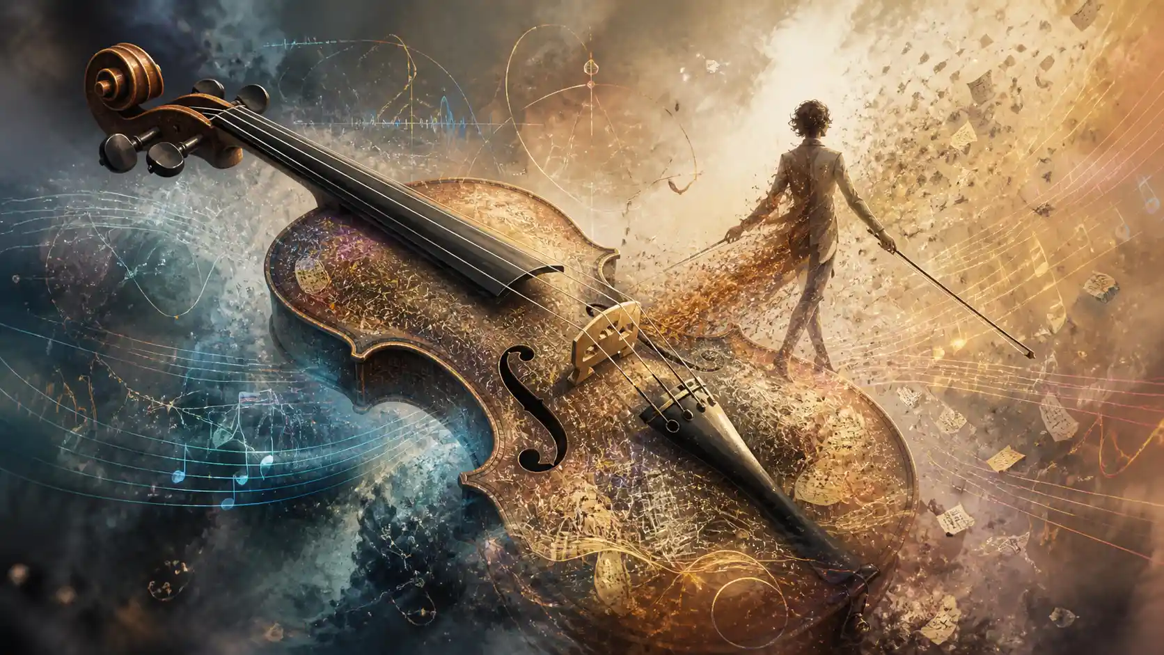 Solitary violin woven with musical notation and diagrams