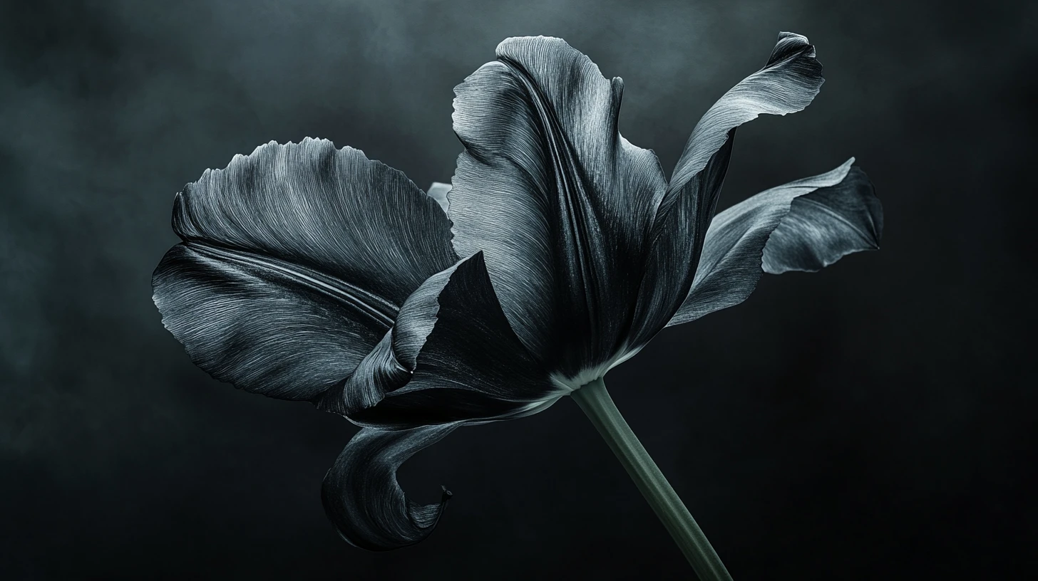 Black tulip emerging from darkness with dissolving petals