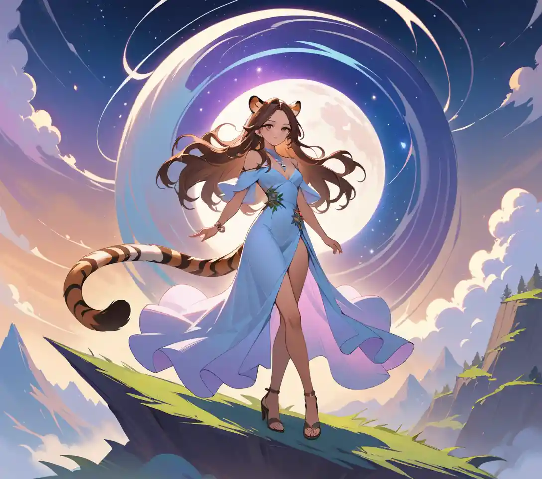 Elegant tiger eared woman in asymmetric country style dress