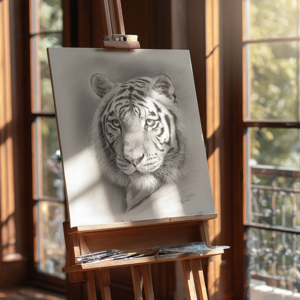 Close up pencil sketch of a white tiger on easel