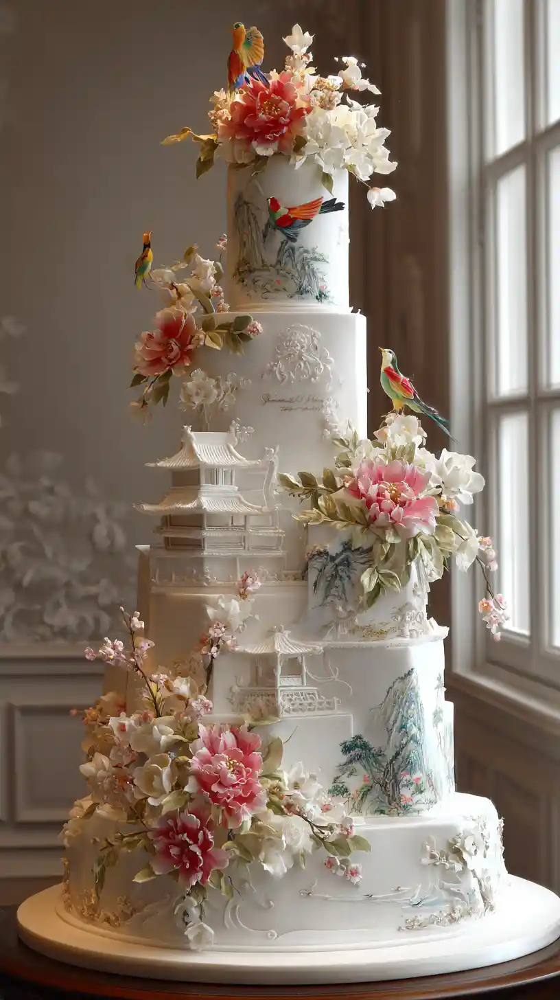 Elegant white tiered cake with flowers and bird details