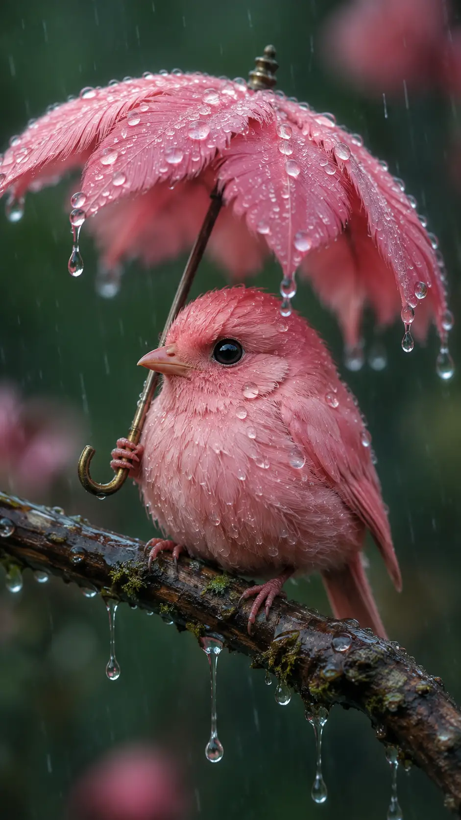 Pink fluffy bird with feather umbrella in gentle rain