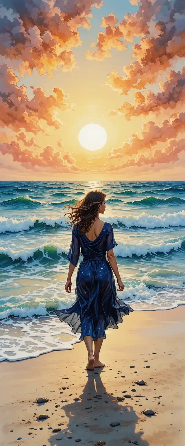 Woman walking along the ocean shore at sunset