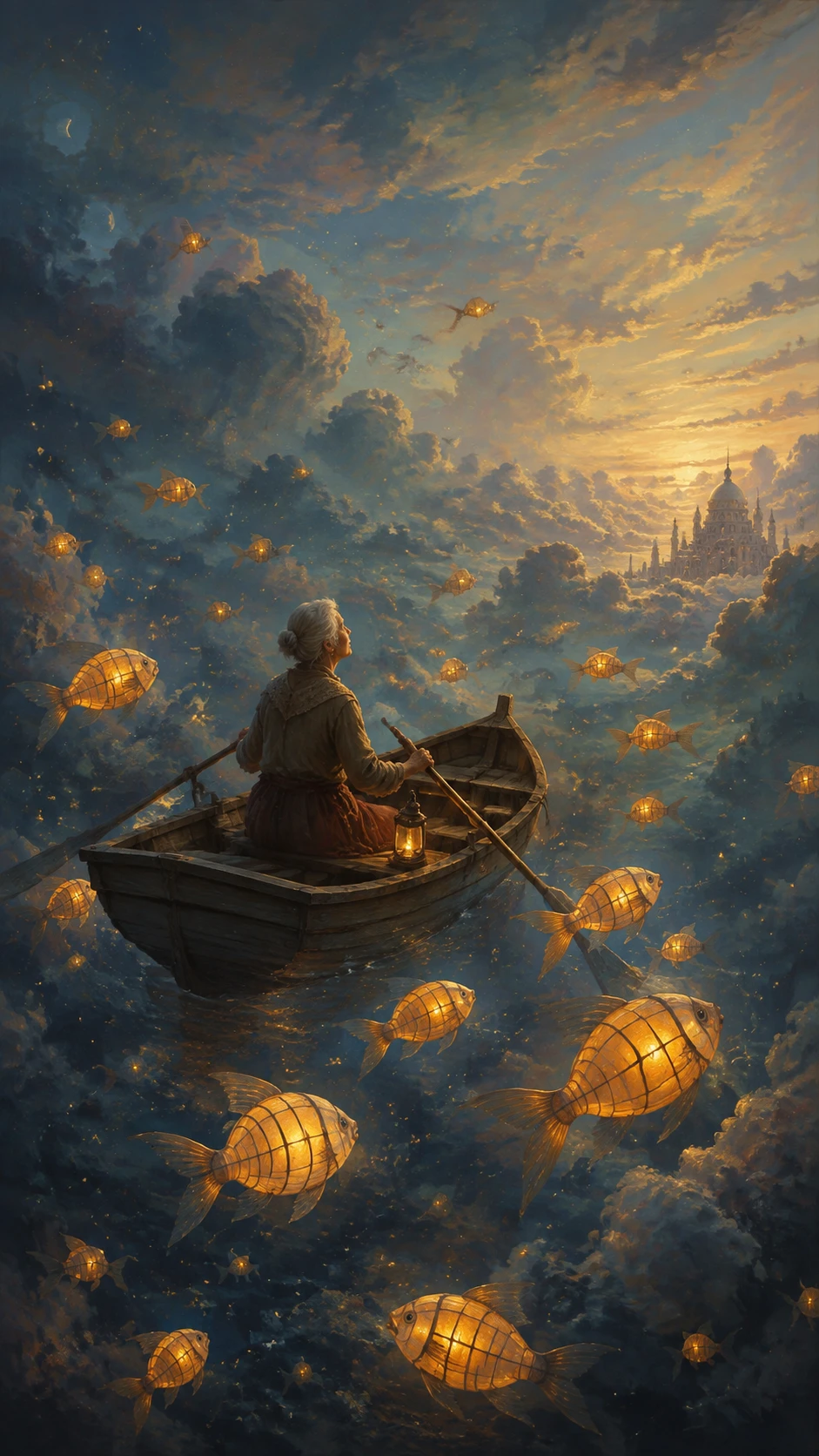 Elderly Woman Rowing A Tiny Boat Through A Surreal Sky