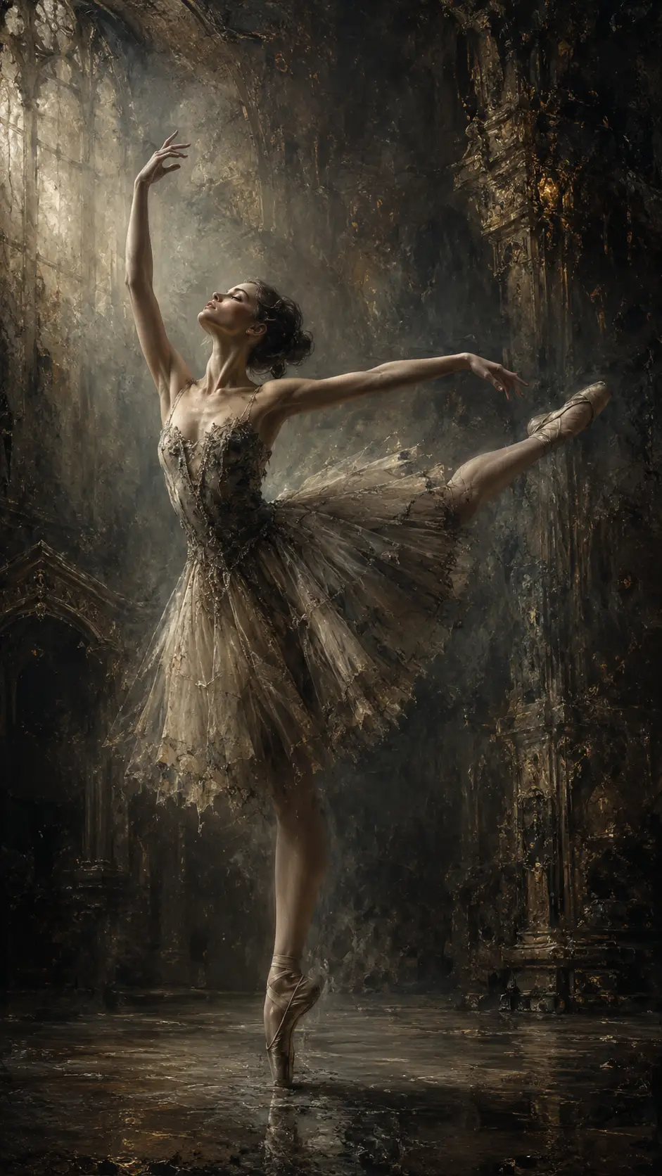 Graceful ballerina emerging through diffused atmospheric light