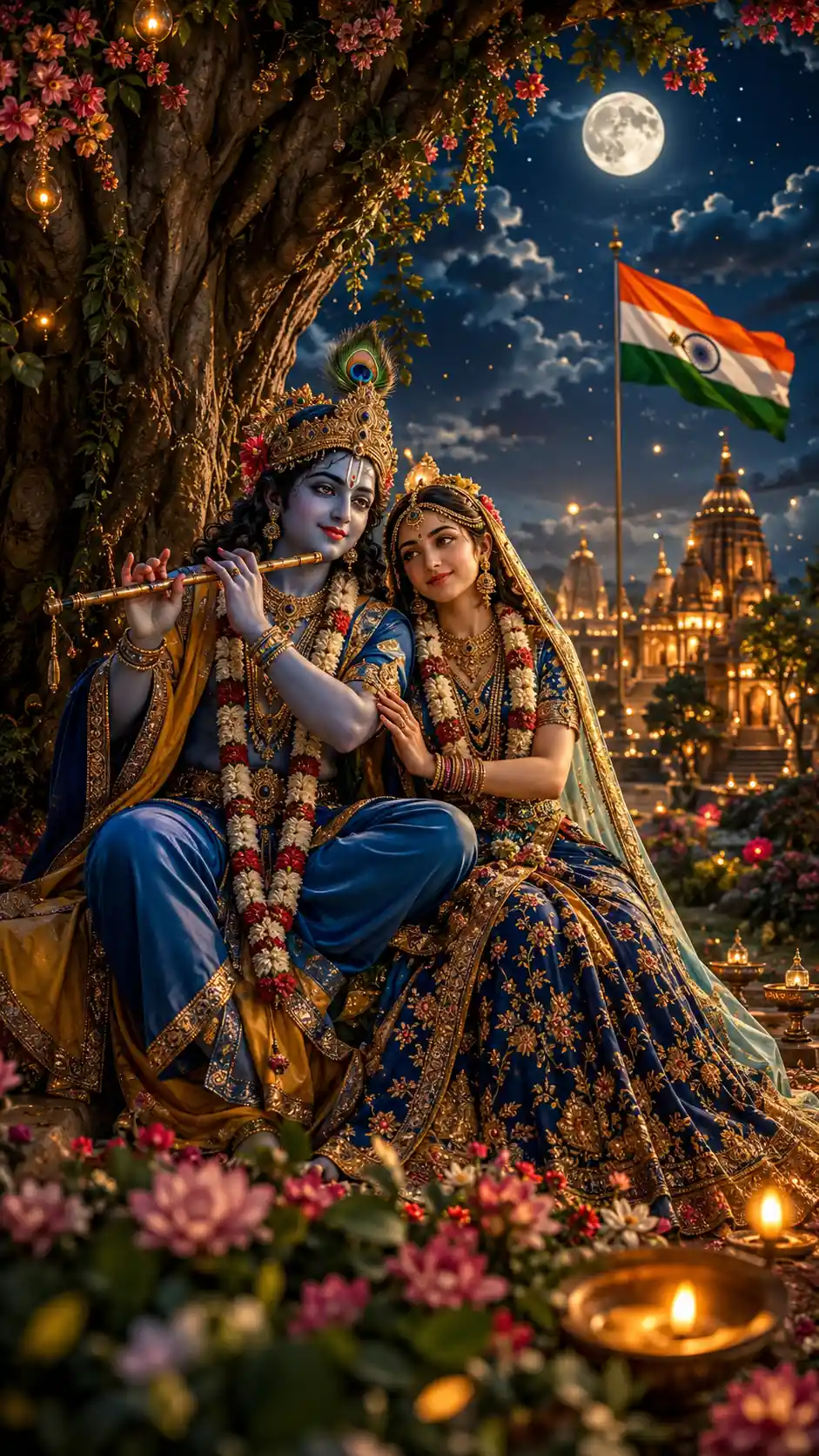 Divine couple seated beneath an ancient moonlit tree