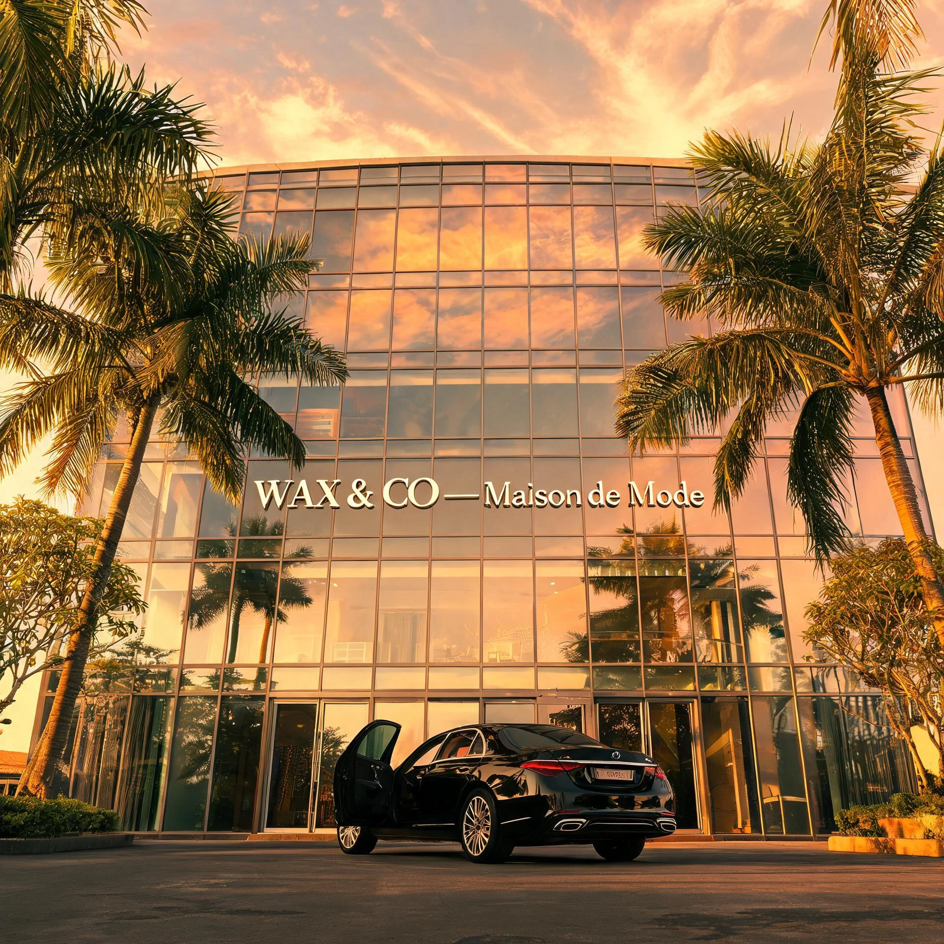 Modern glass office building in Abidjan at golden hour
