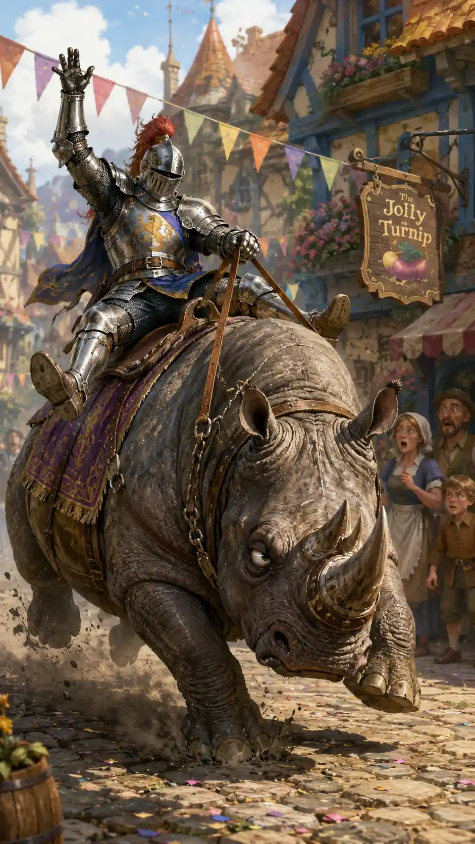Knight Riding A Grumpy Rhinoceros Through Fairy Tale Village
