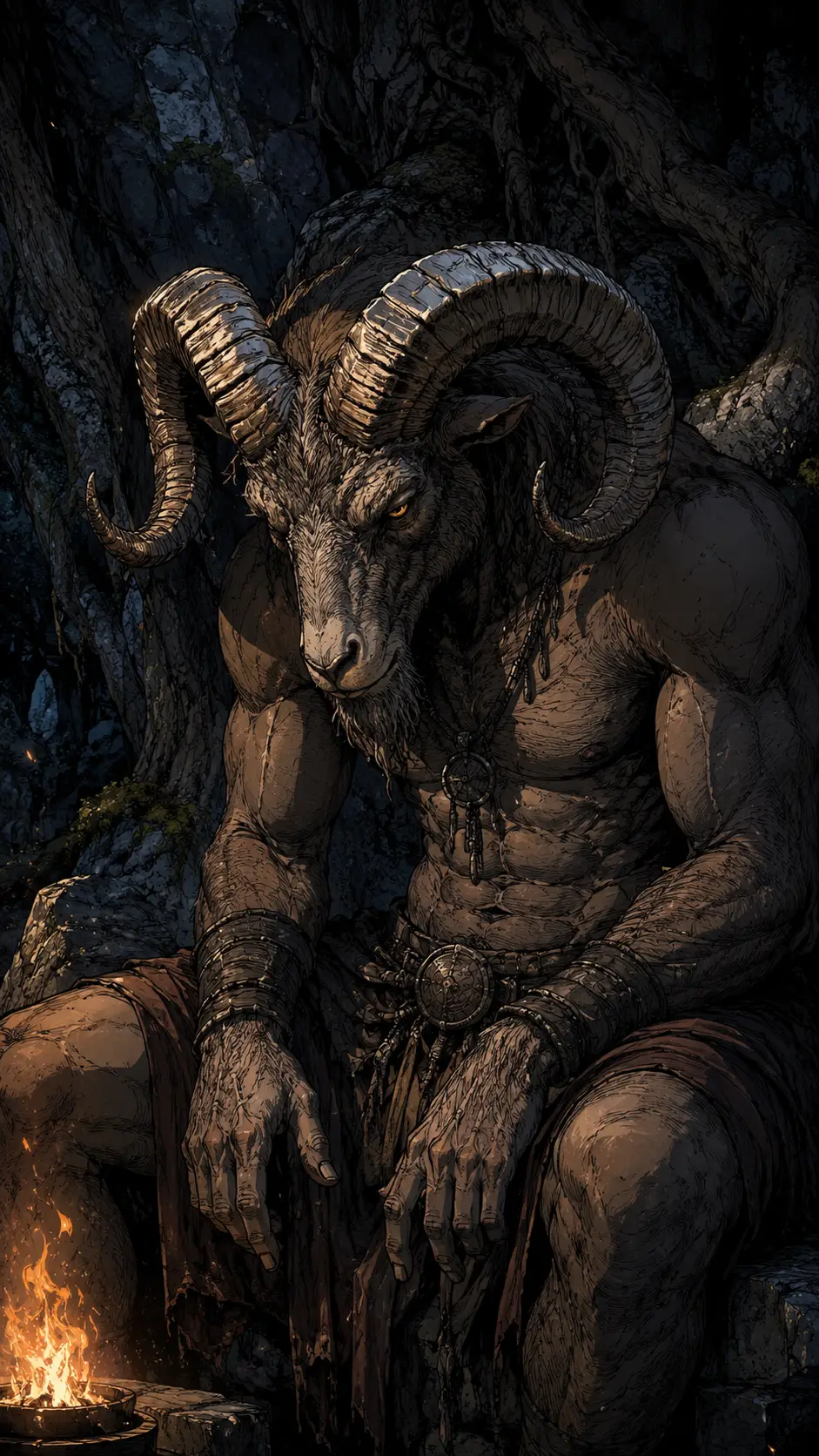 Somber Ram Headed Mythical Creature In Shadowy Cavern
