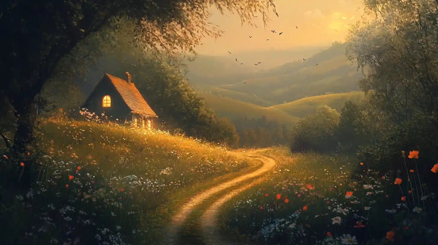 Strada di Campagna Serpeggiante Verso un Cottage al Crepuscolo